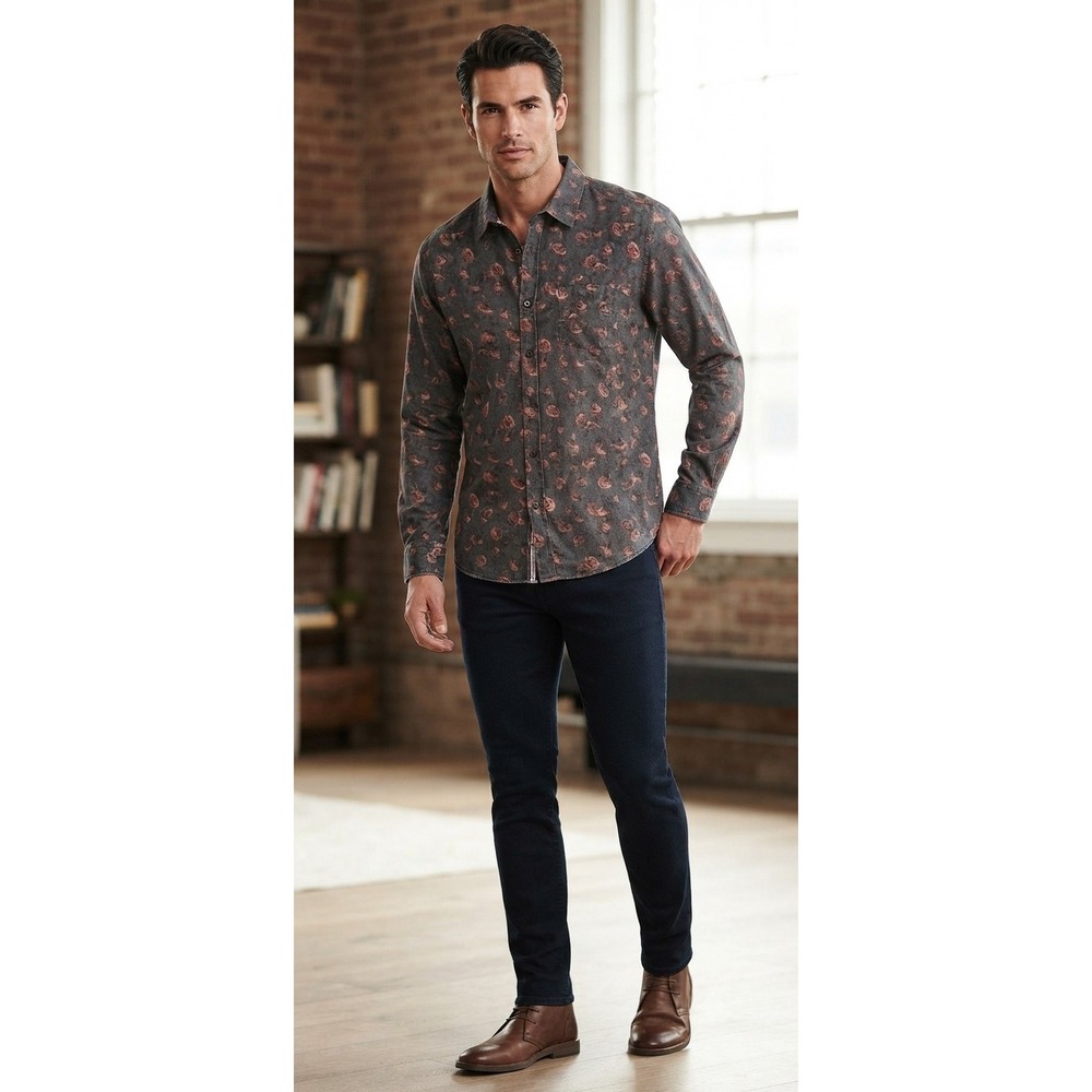 Burnside Men's Button-Down L Gray All-over Rose Print